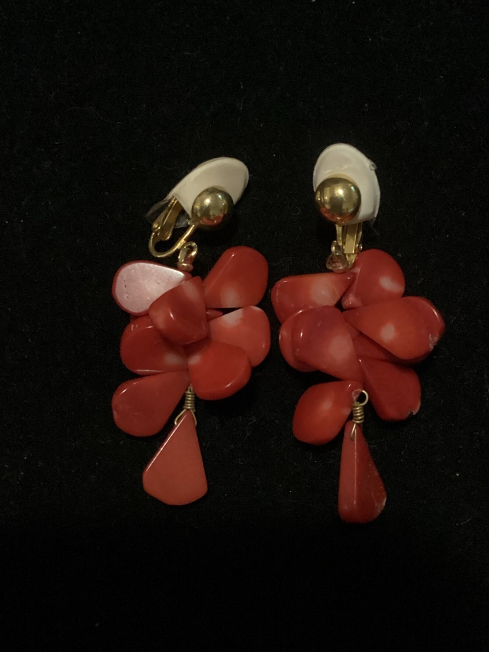 Red Floral Clip-On Drop Earrings - Women's Jewelry
